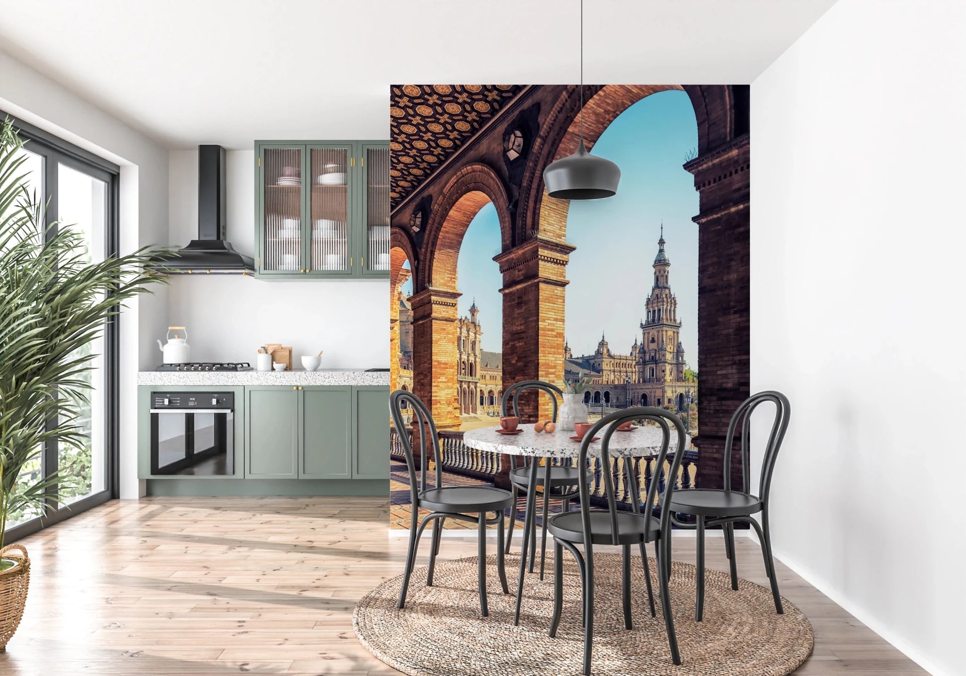 Plaza de España View wallpaper mural of the Seville plaza tower behind a round dining table and black bentwood chairs