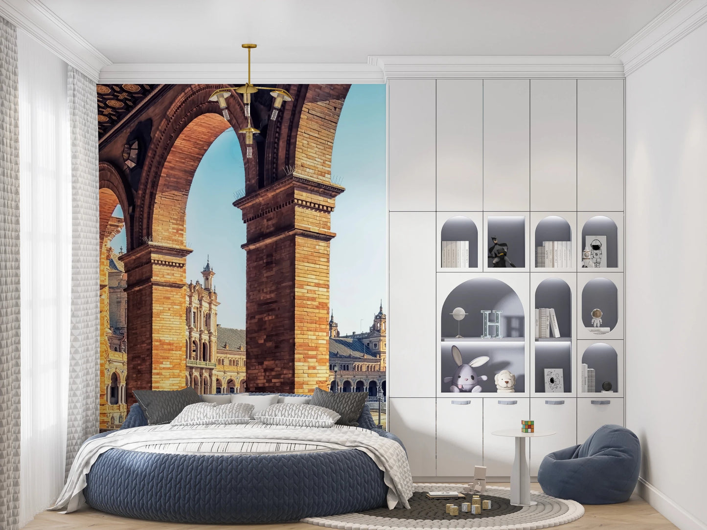 Plaza de España View wallpaper mural of Seville arches and plaza behind a round blue bed in a child's bedroom
