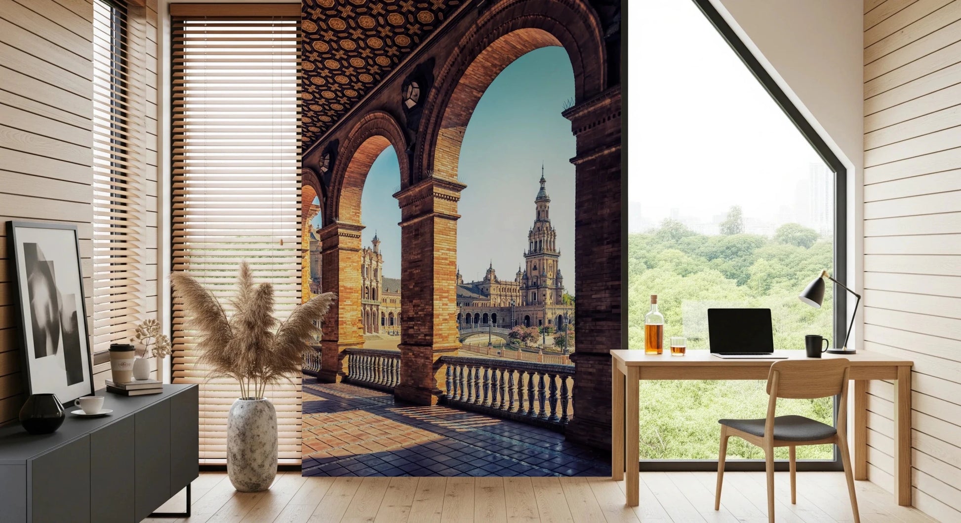 Plaza de España View wallpaper mural of the arched balcony and tower beside a wood desk in a sunlit home office
