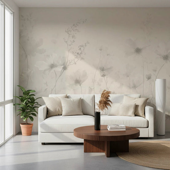 Poetic Soft Floral Linen wallpaper mural of greige wildflowers in a living room with a white sofa and round wood table