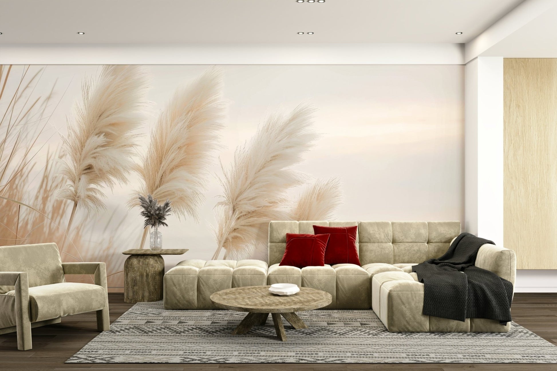 Calming wall mural with pampas grass and evening colors

