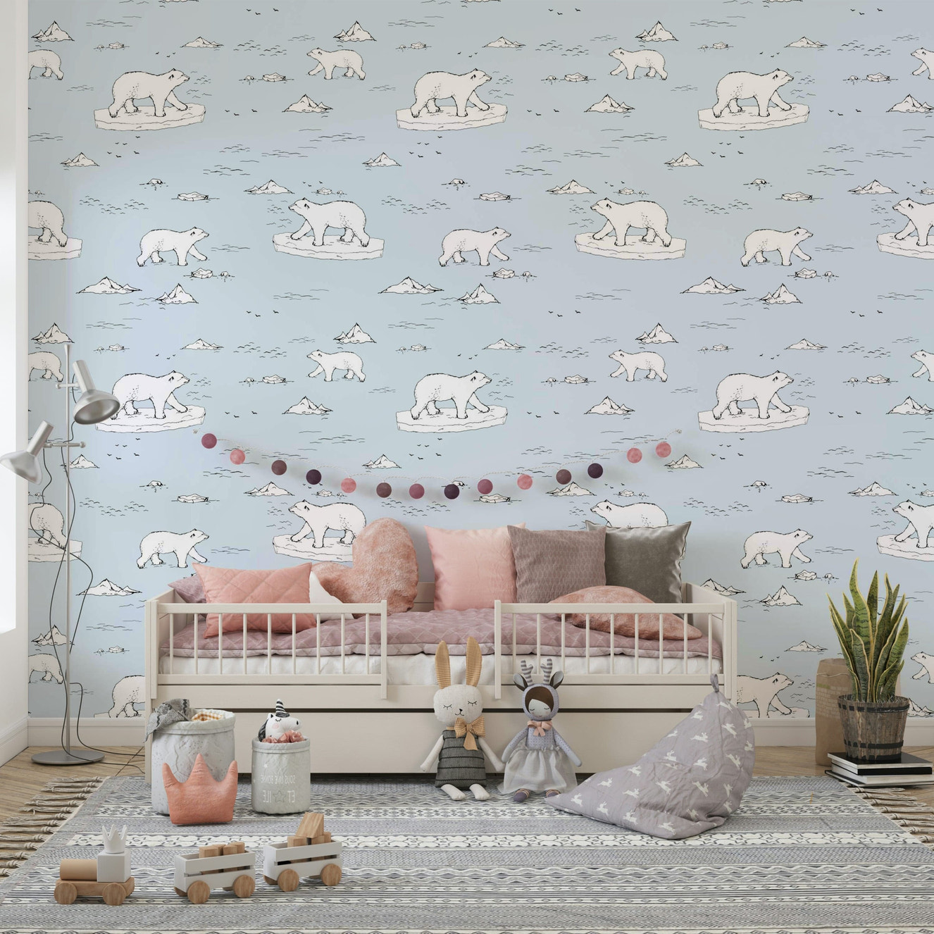 Minimalist sketch of polar bears on blue wallpaper
