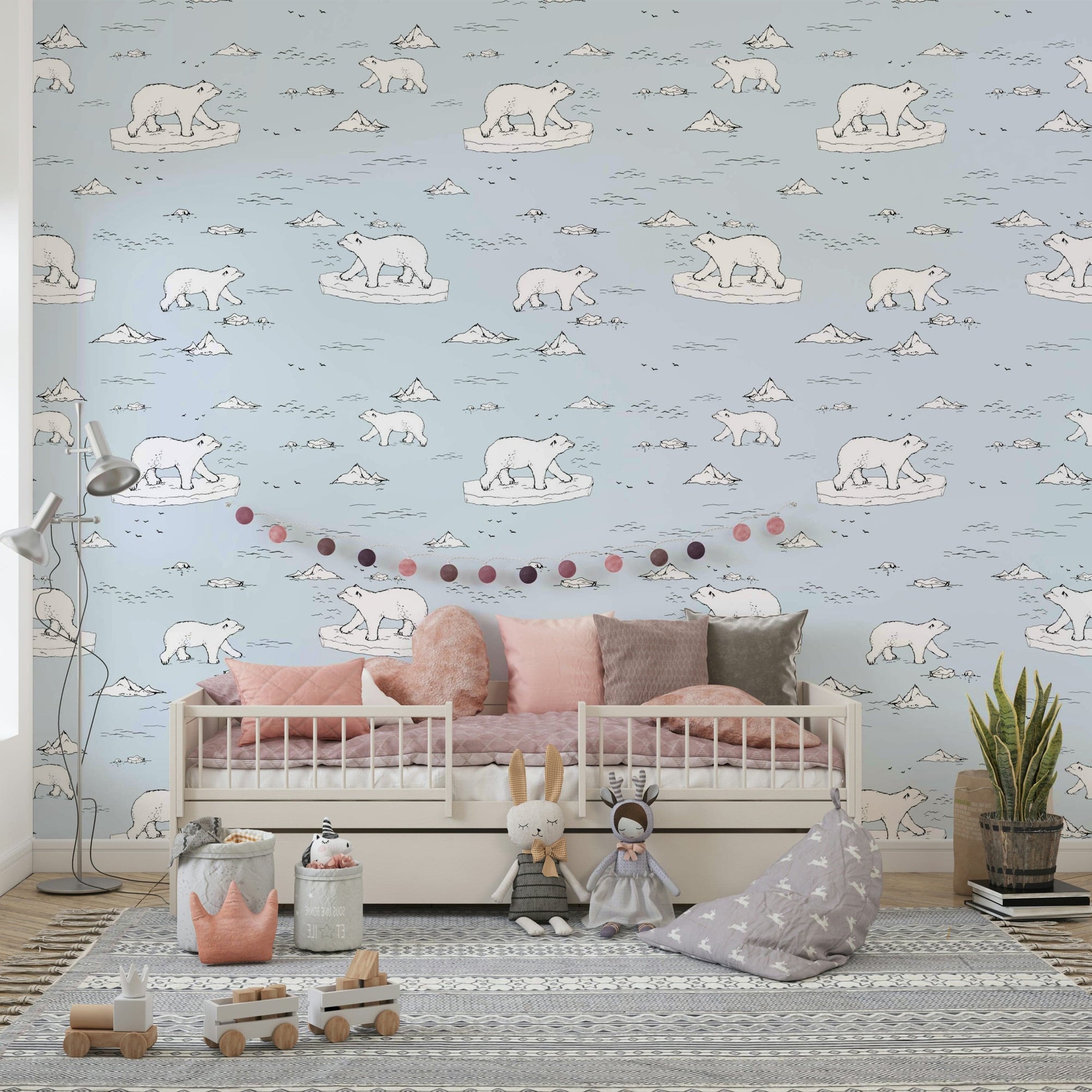 Minimalist sketch of polar bears on blue wallpaper
