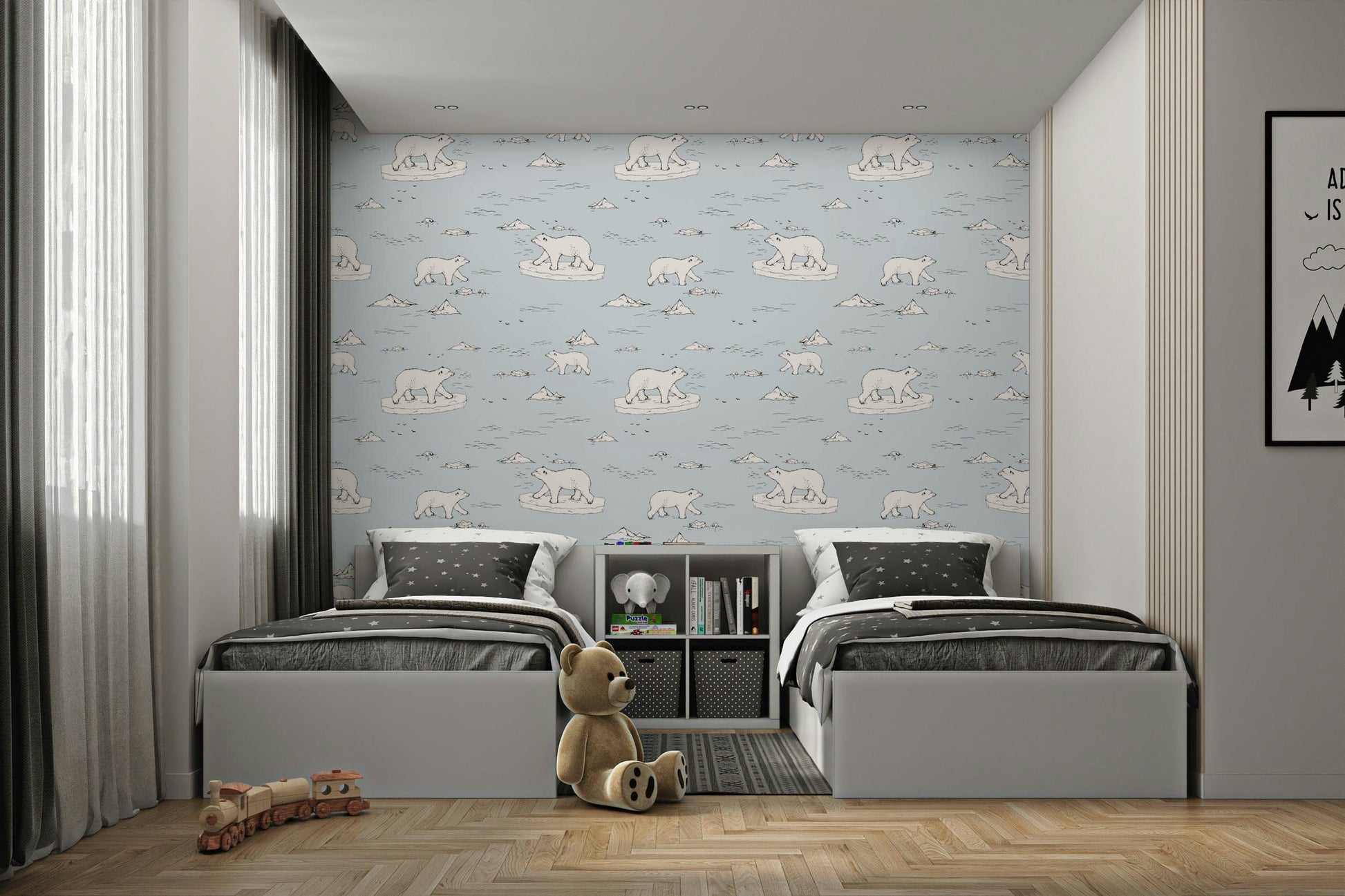 Whimsical habitat drawings on a soft blue wallpaper
