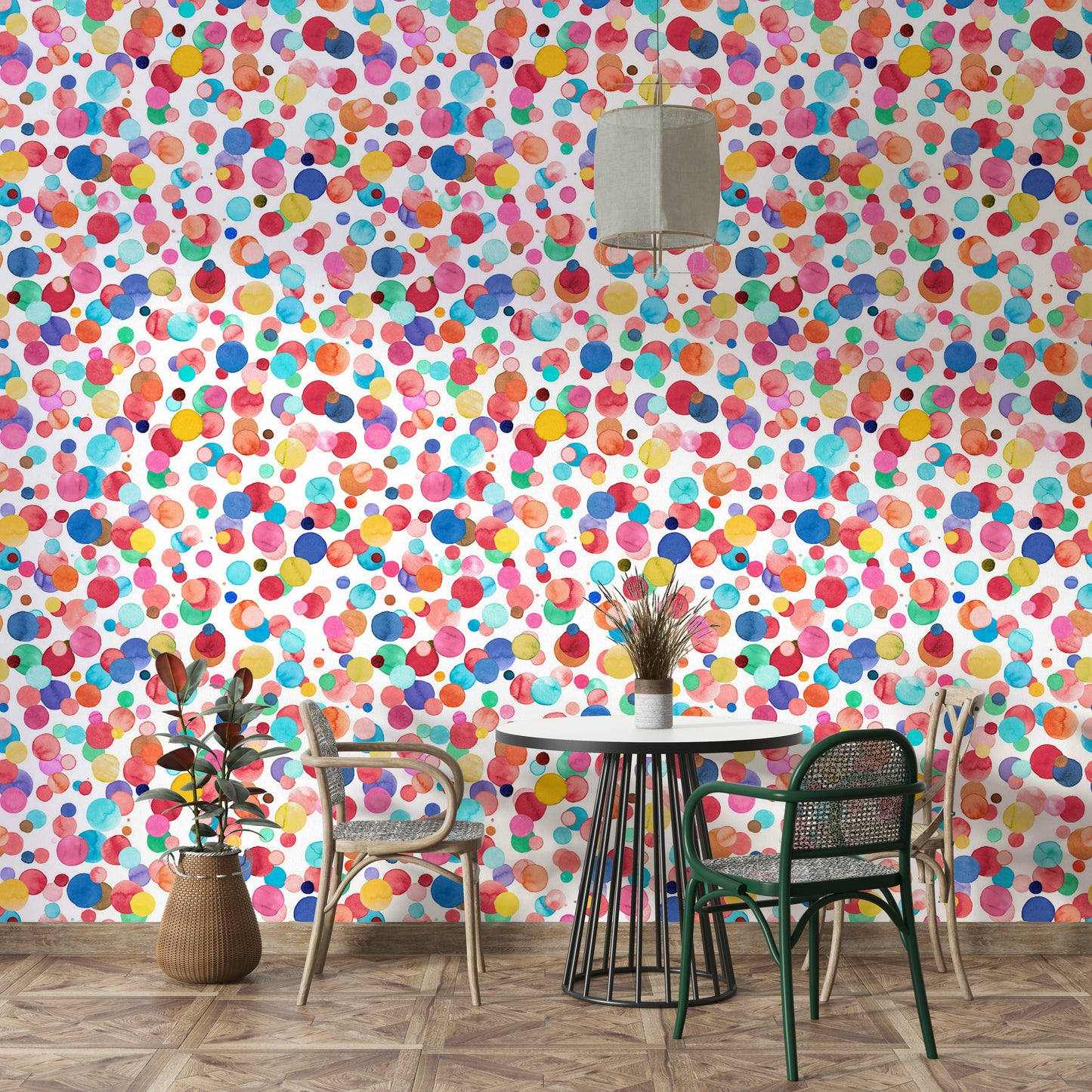 Creative wallpaper featuring whimsical watercolor polka dots.

