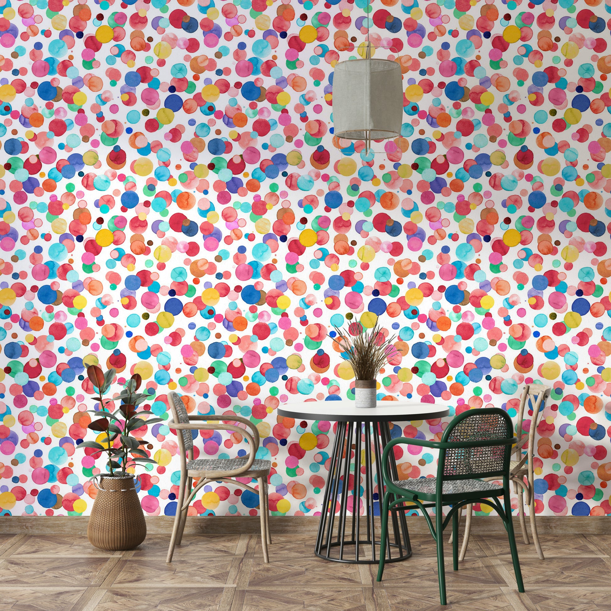 Creative wallpaper featuring whimsical watercolor polka dots.


