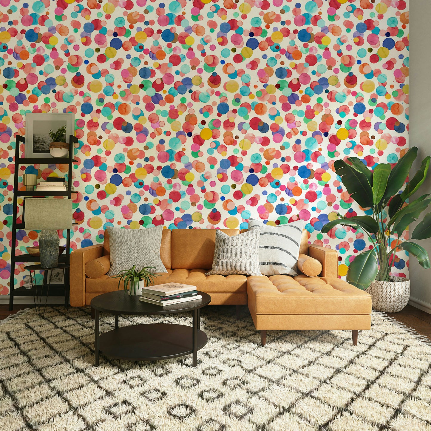 Multicolor polka dot mural with painterly texture.

