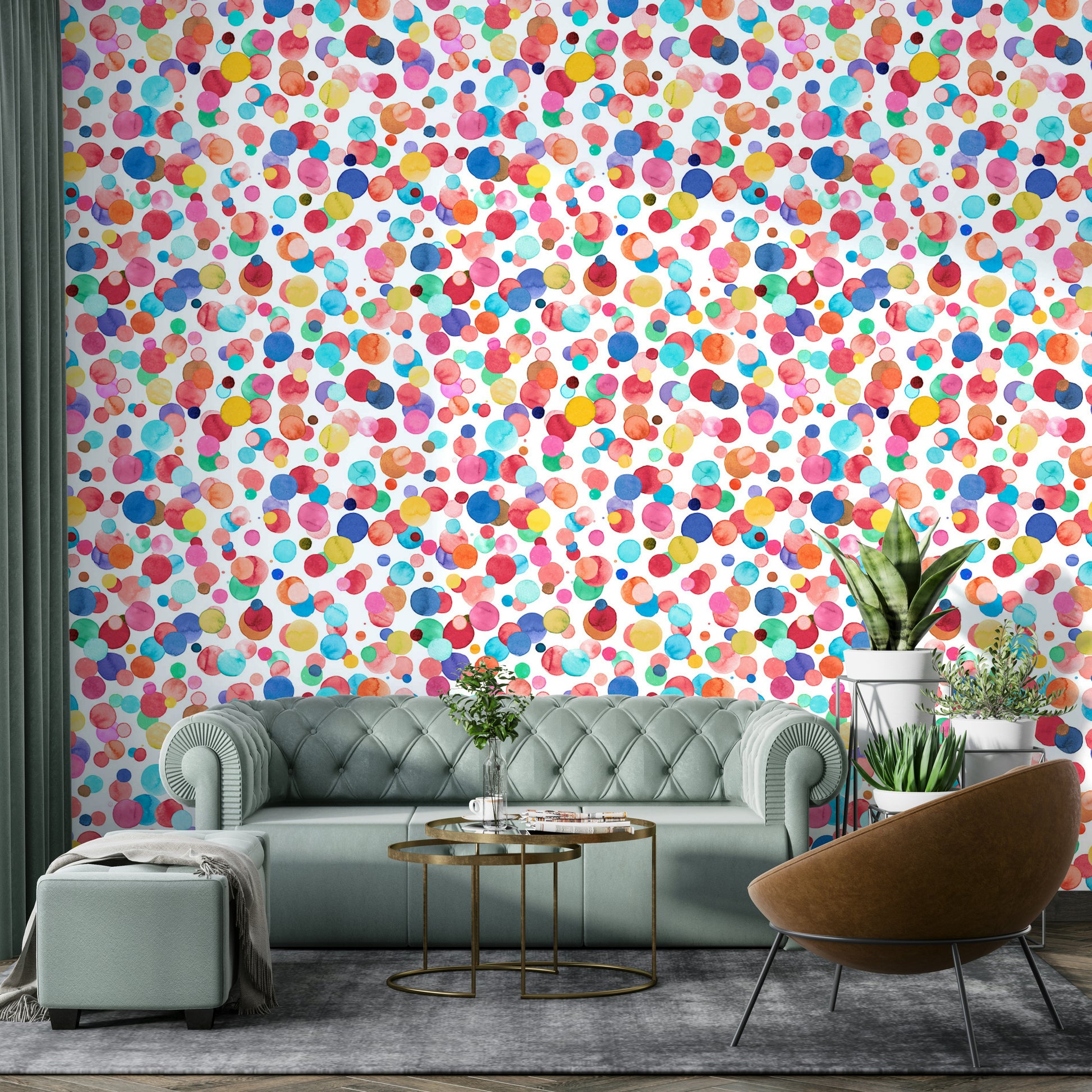 Soft watercolor wallpaper with freeform multicolor dot design.

