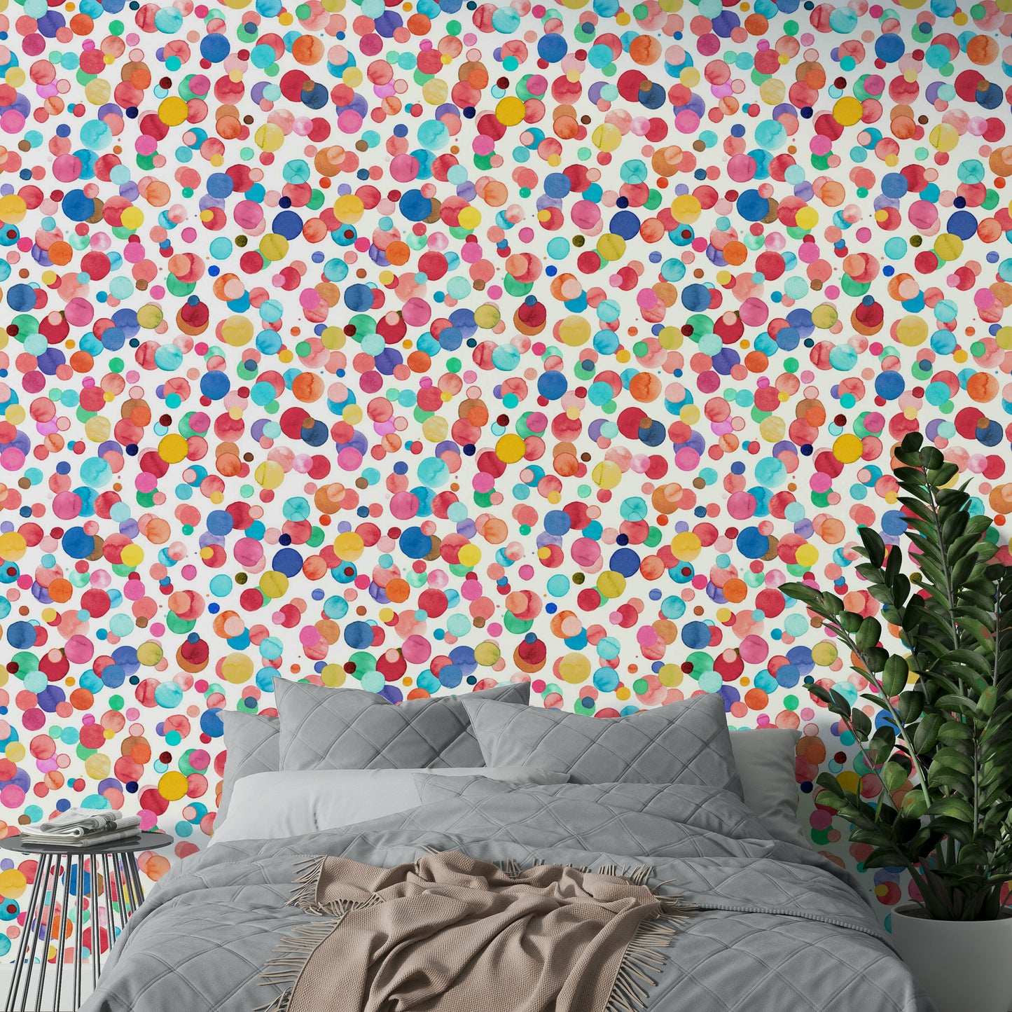 Wallpaper featuring hand-painted watercolor dots in mixed hues.

