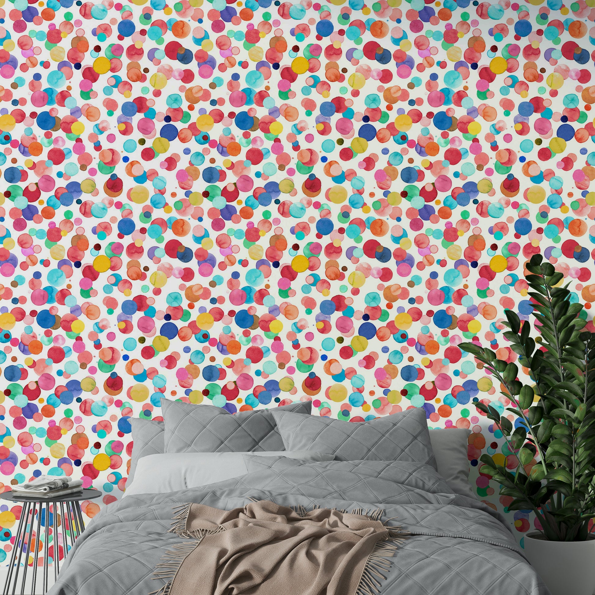 Wallpaper featuring hand-painted watercolor dots in mixed hues.

