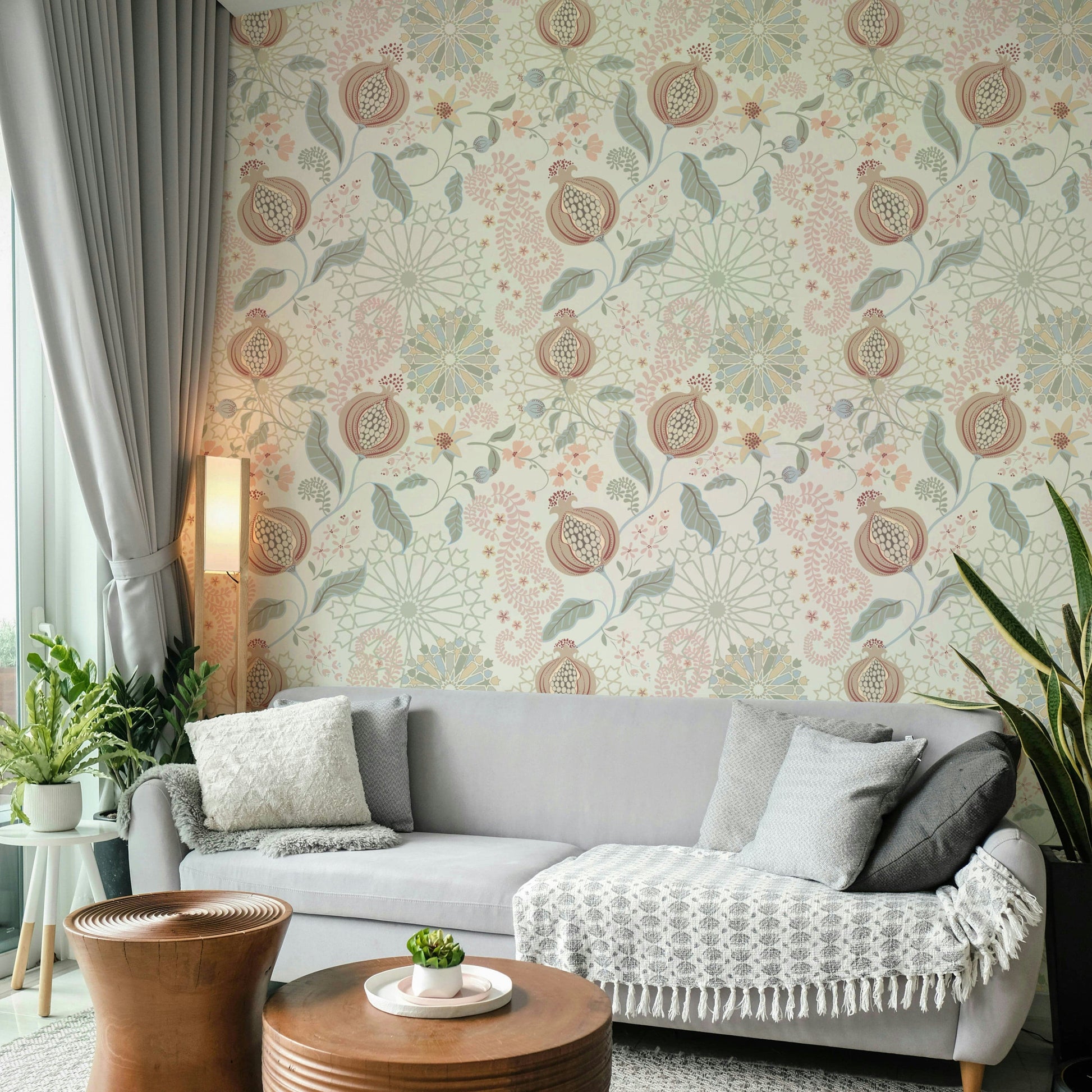 Wallpaper with a soft tones pomegranate pattern.

