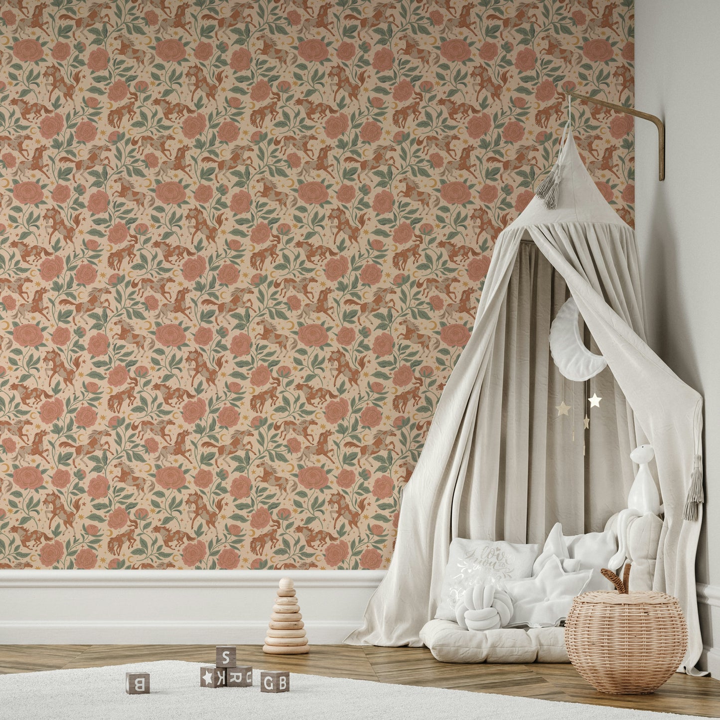 Ponies and peonies wallpaper in Western style

