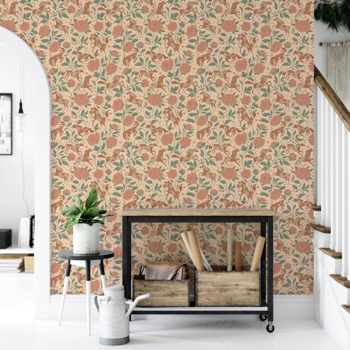 Whimsical wallpaper with floral and horse motifs

