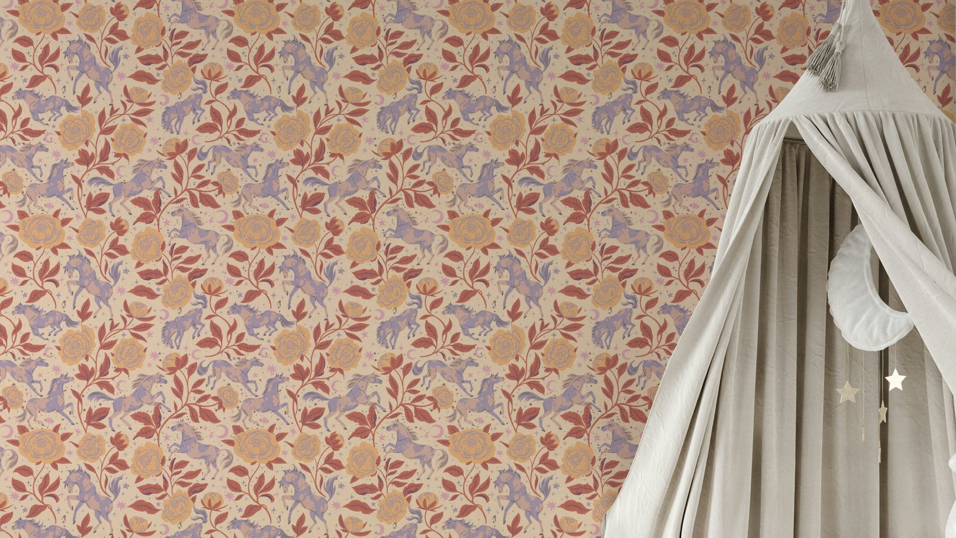 Wild West wallpaper with ponies and peonies print


