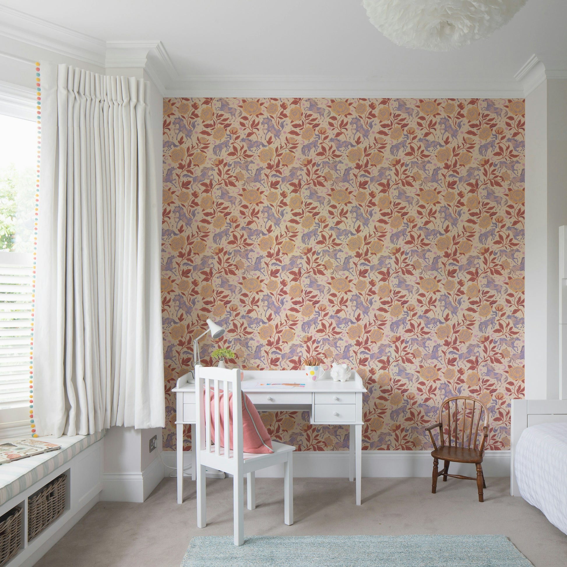 Wallpaper with illustrated ponies and soft peonies

