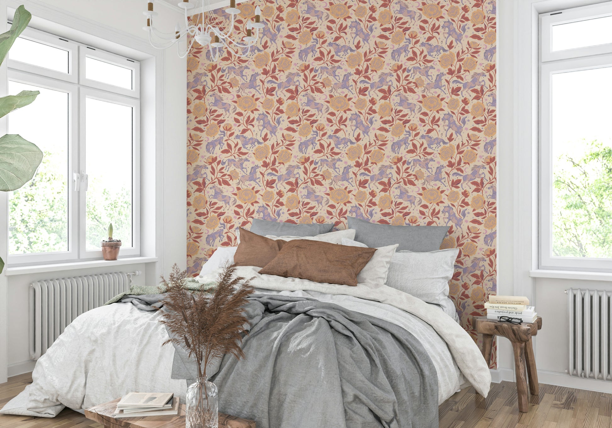 Country-style wallpaper with peonies and ponies

