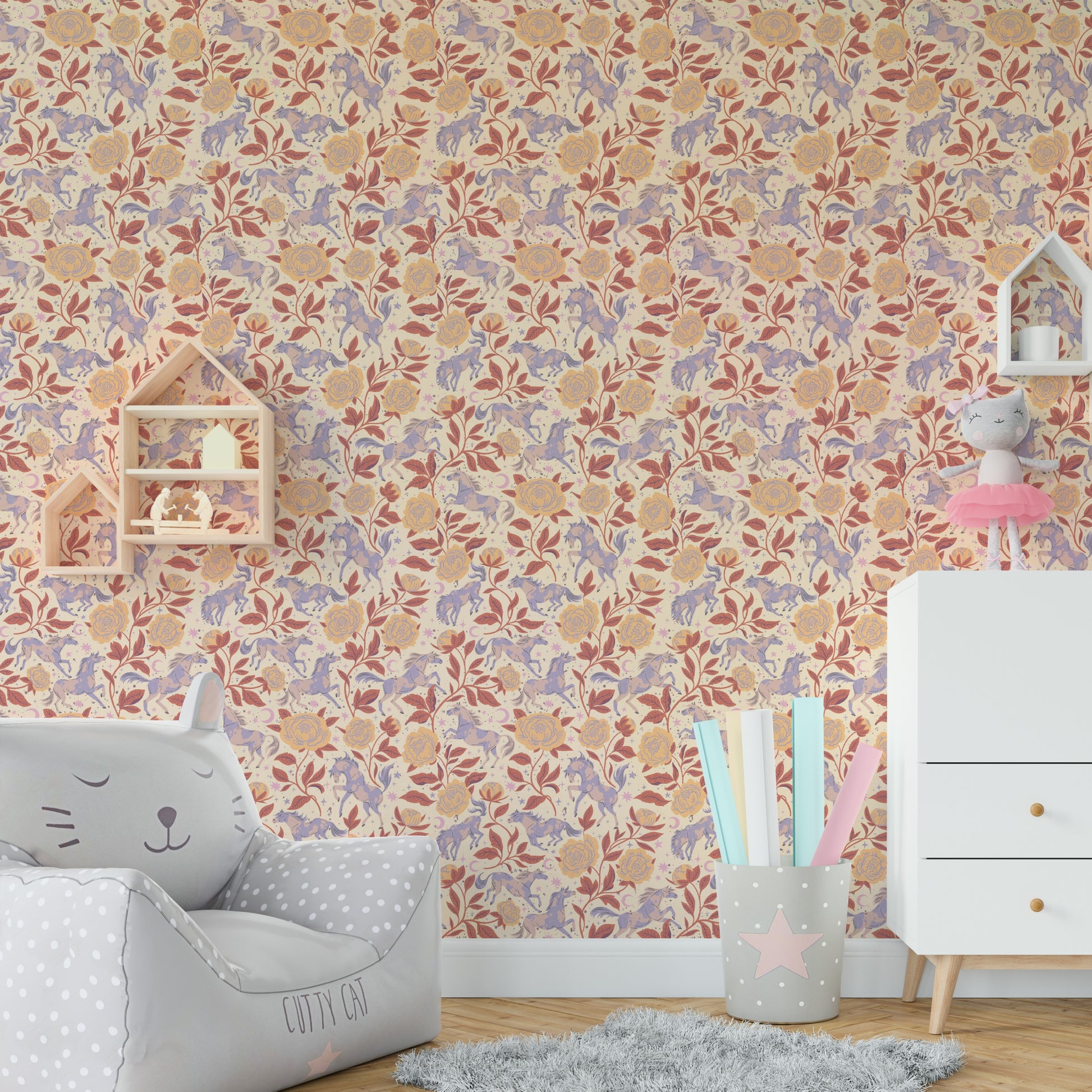 Western-themed wallpaper with floral horse pattern


