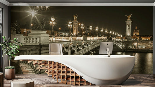 Parisian landmark with beautifully lit lamps on the bridge

