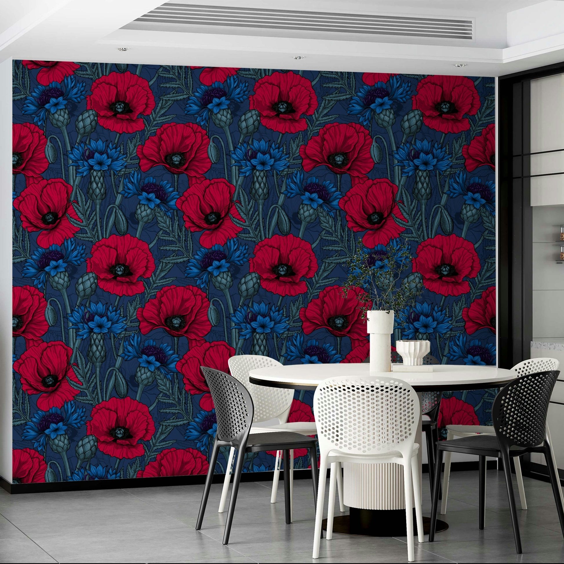 Peel-and-stick wallpaper with poppies and cornflowers

