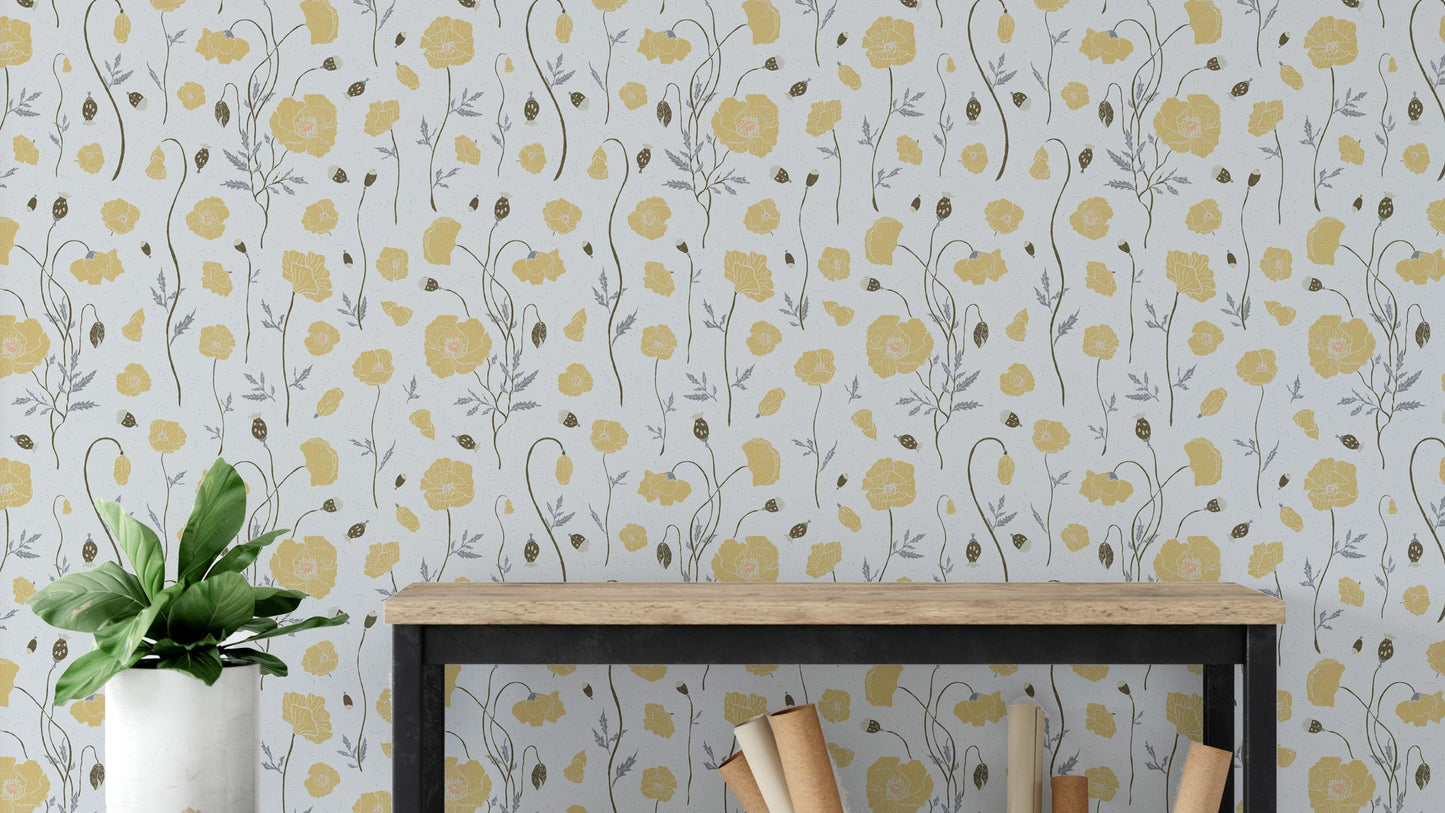 Poppies Garden Wallpaper with vibrant red flowers in a traditional flat lounge.