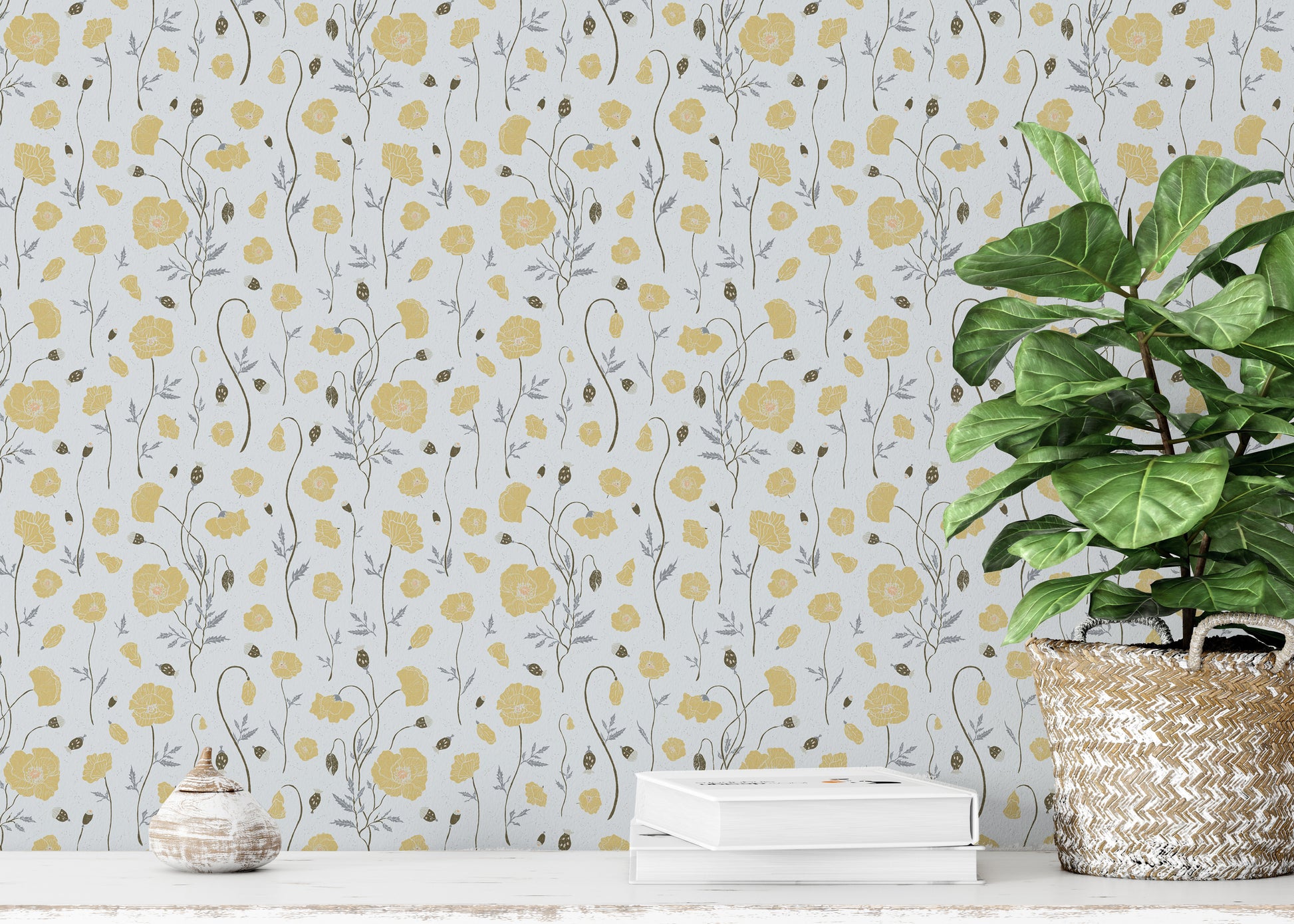 Botanical home décor featuring poppy illustrations for a Victorian hallway.