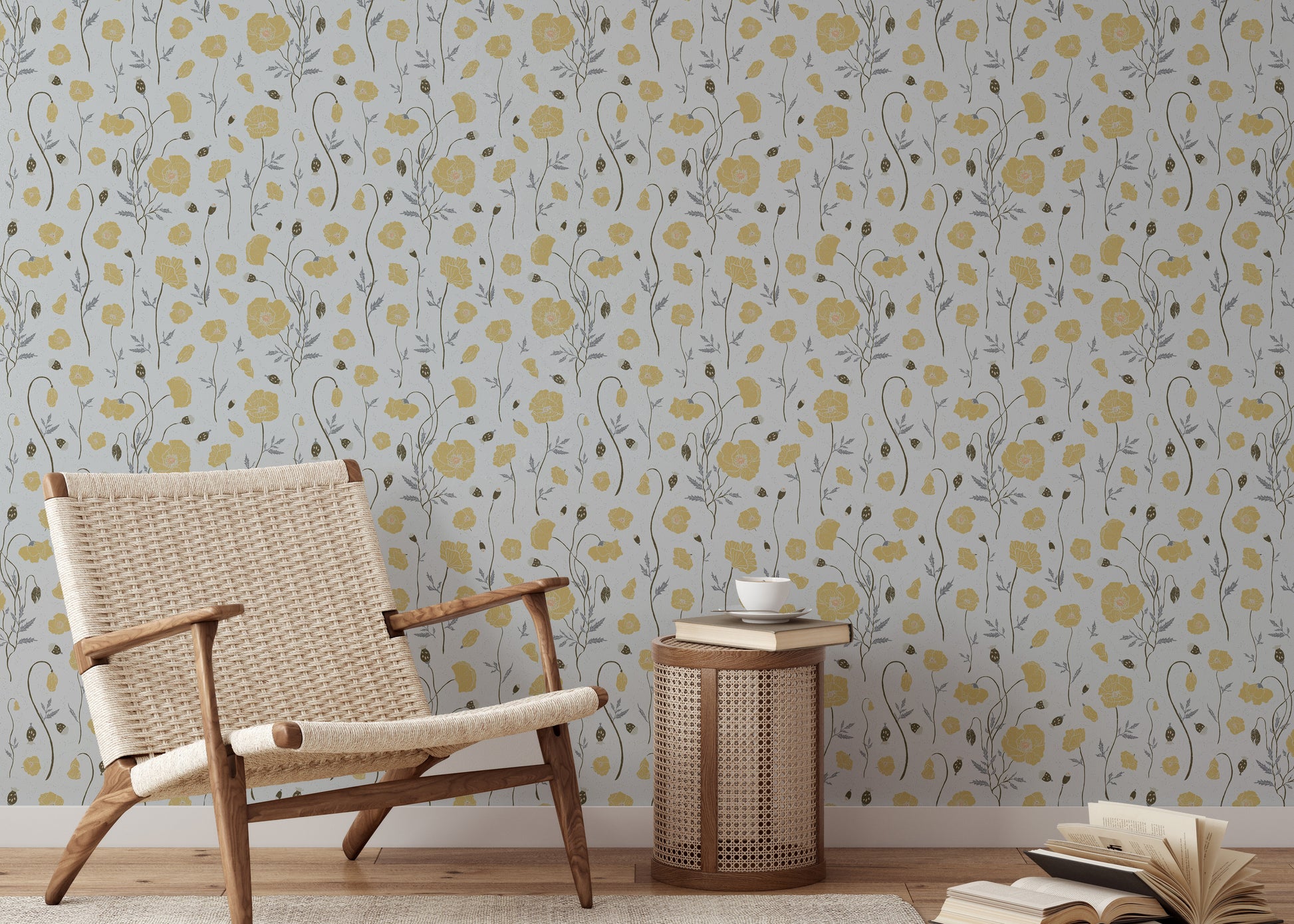 Detail of a textured wallpaper finish with poppy motifs for a nursery.