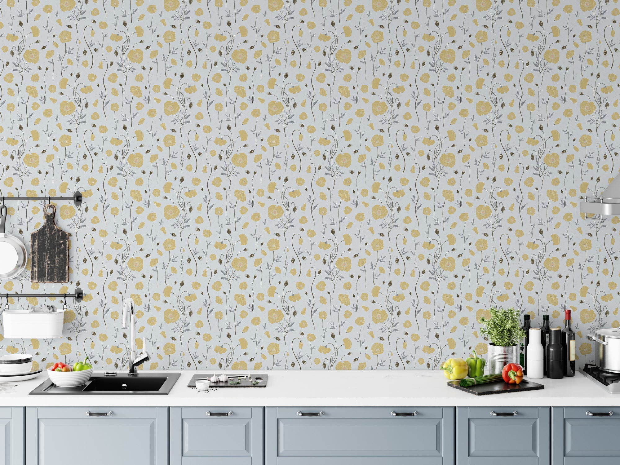 Intricate floral wall mural in a dining room with classic colour accents.
