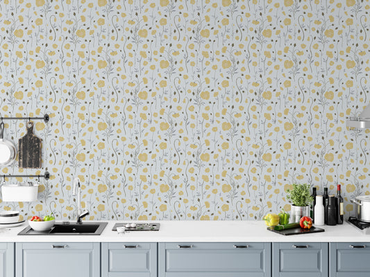 Intricate floral wall mural in a dining room with classic colour accents.