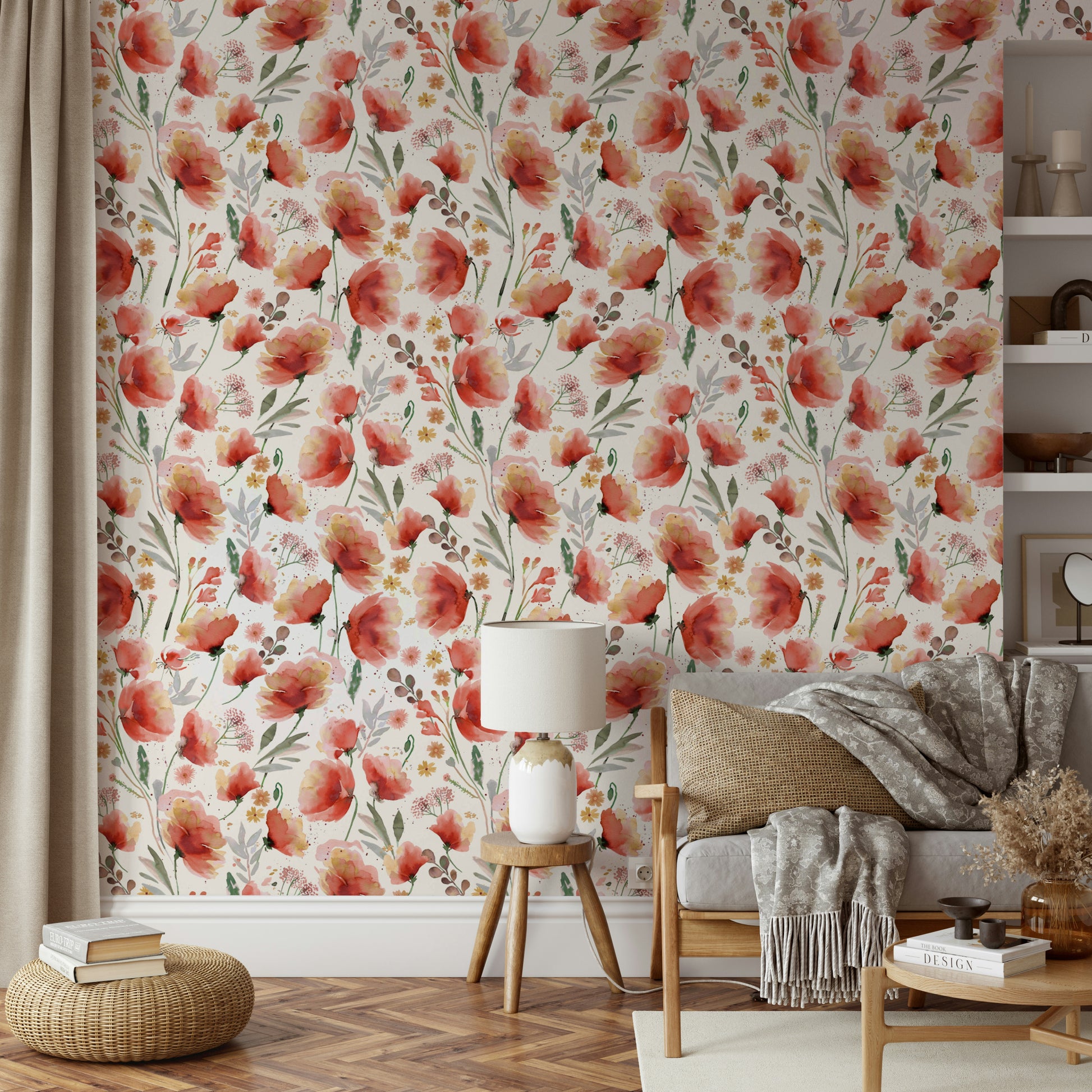 Light and airy floral mural with orange meadow poppies.

