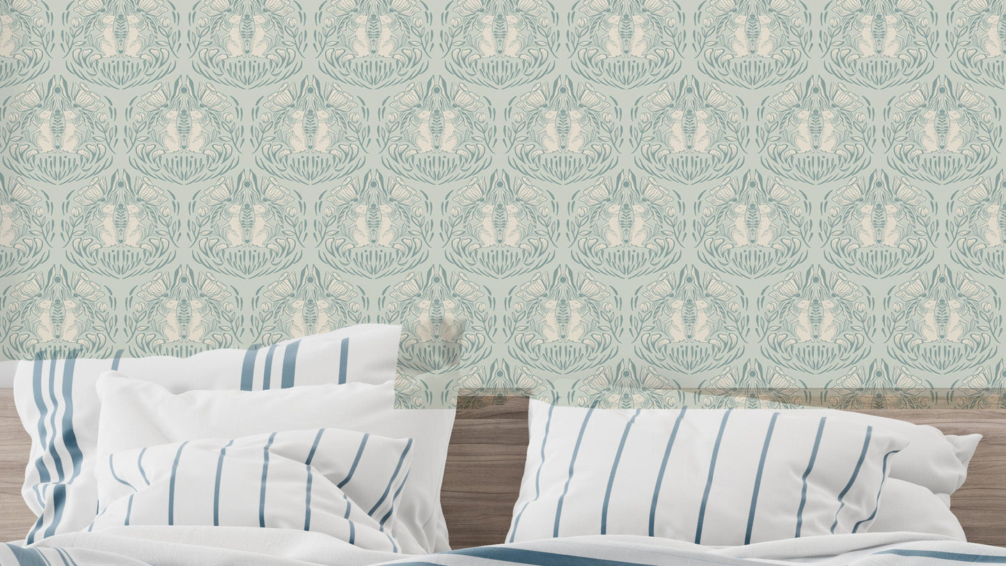 Poppy and the Hare wallpaper with misty meadow landscape

