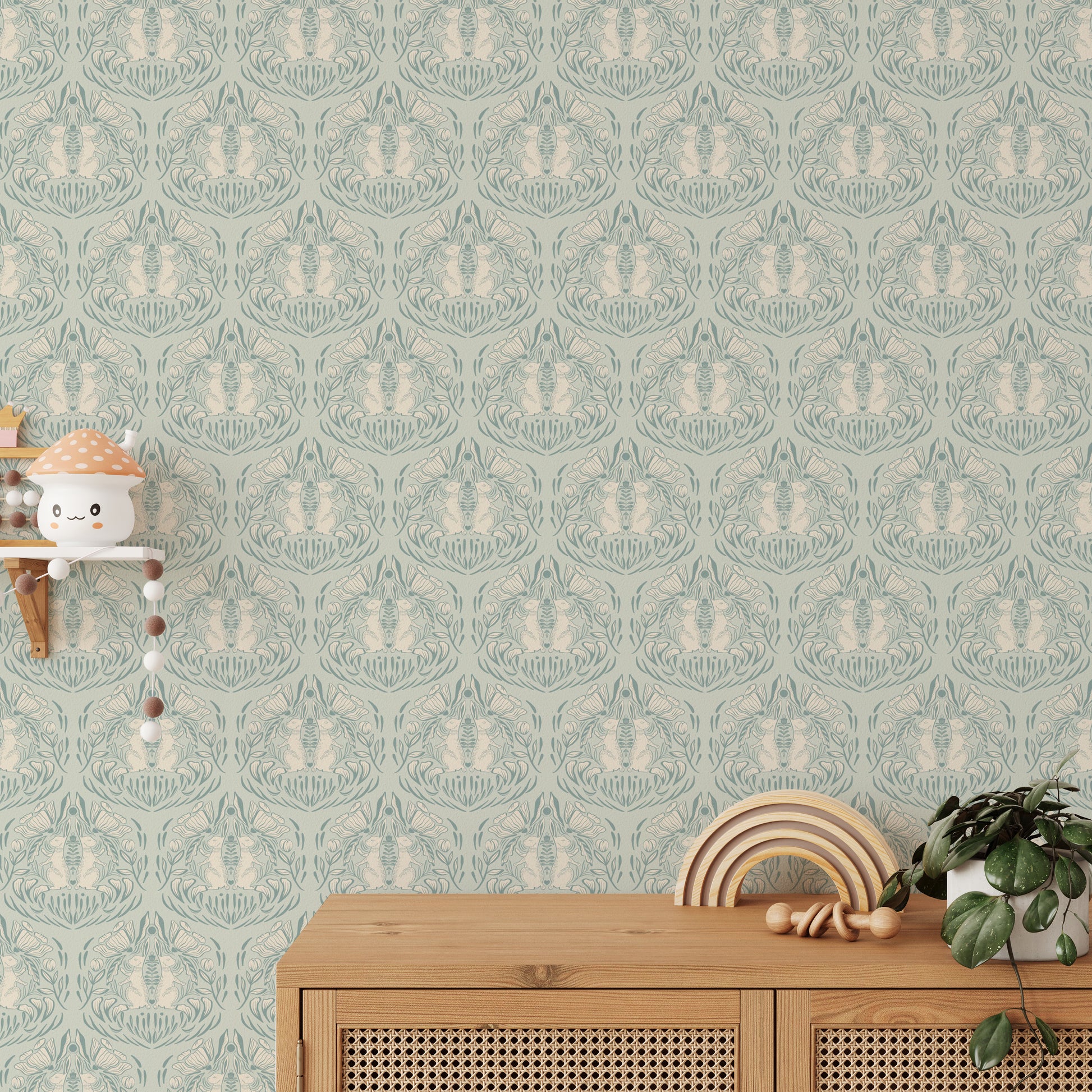 Whimsical misty meadow wallpaper with forest animal theme

