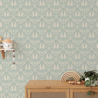 Whimsical misty meadow wallpaper with forest animal theme

