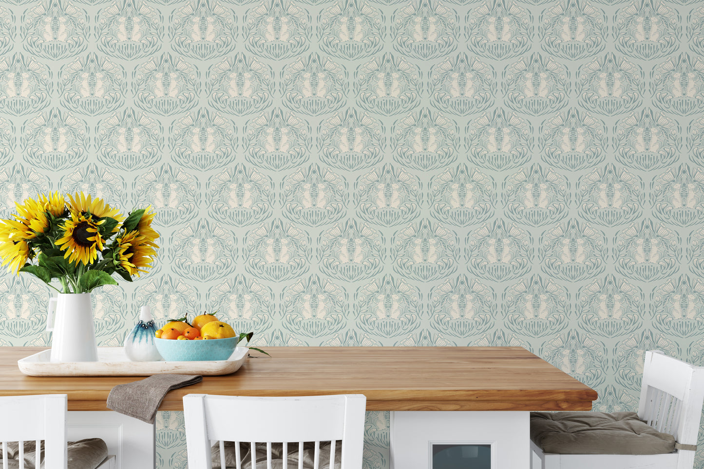 Nature-inspired wallpaper with rabbit and floral meadow


