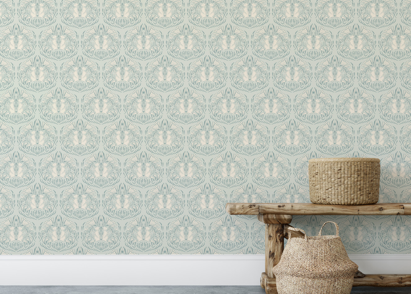 Charming misty meadow wallpaper featuring hare and flowers


