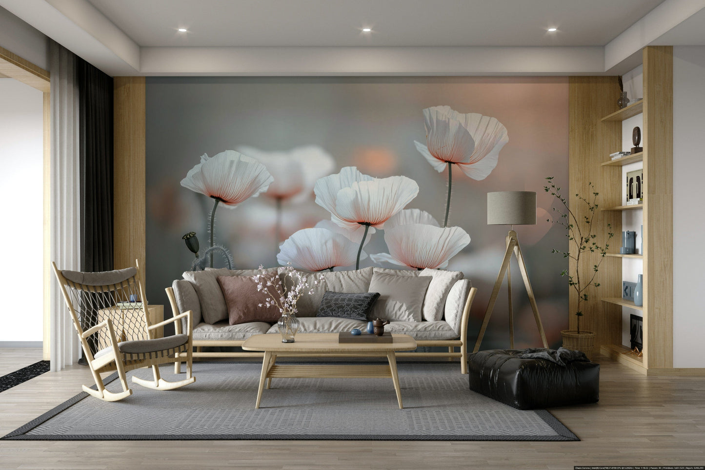 A peaceful organic floral mural on decorative wallpaper.

