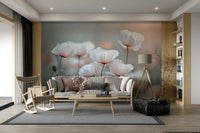 A peaceful organic floral mural on decorative wallpaper.

