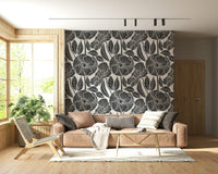 Intricate Poppy Floral Modern Block surface design, chic monochrome wallpaper.