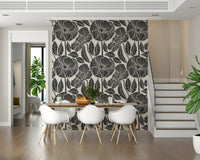 Poppy Floral Modern Block print wallpaper, textured black and white botanical design.