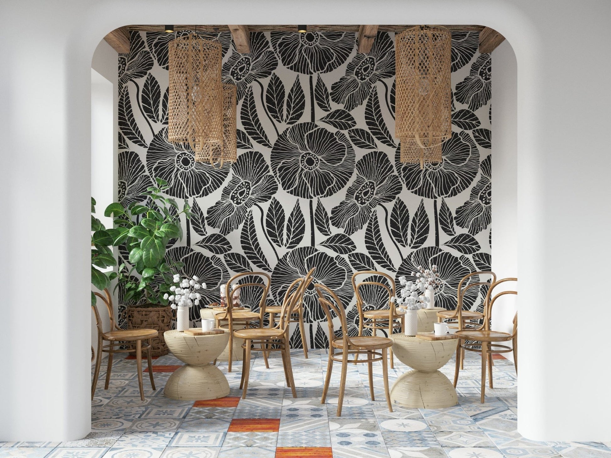 Grungy black-white bold Poppy Floral art, block style wall covering.