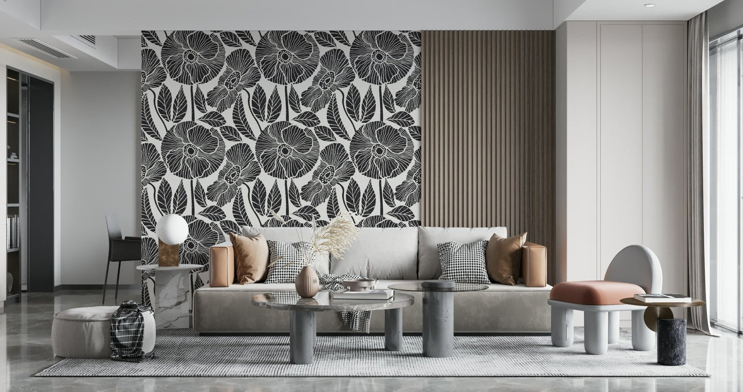Rustic Black White Block Poppy vine wallpaper, detailed interior design element.