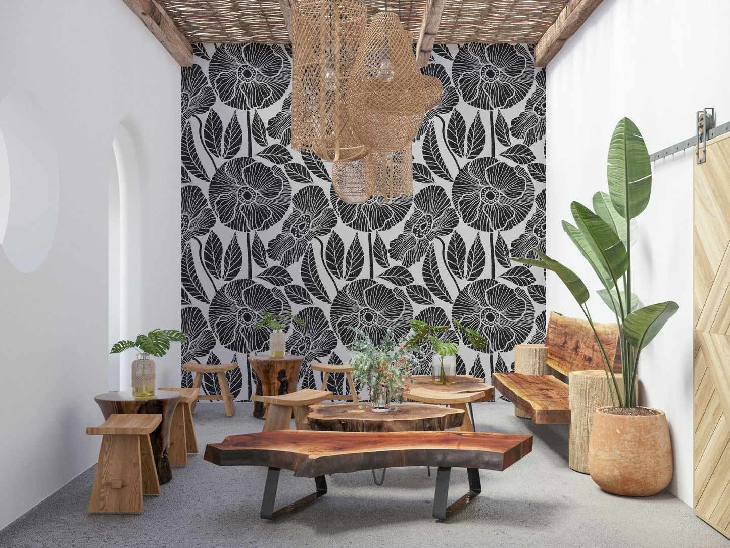 Monochrome Poppy Blossom distressed wallpaper, elegant contemporary mural.