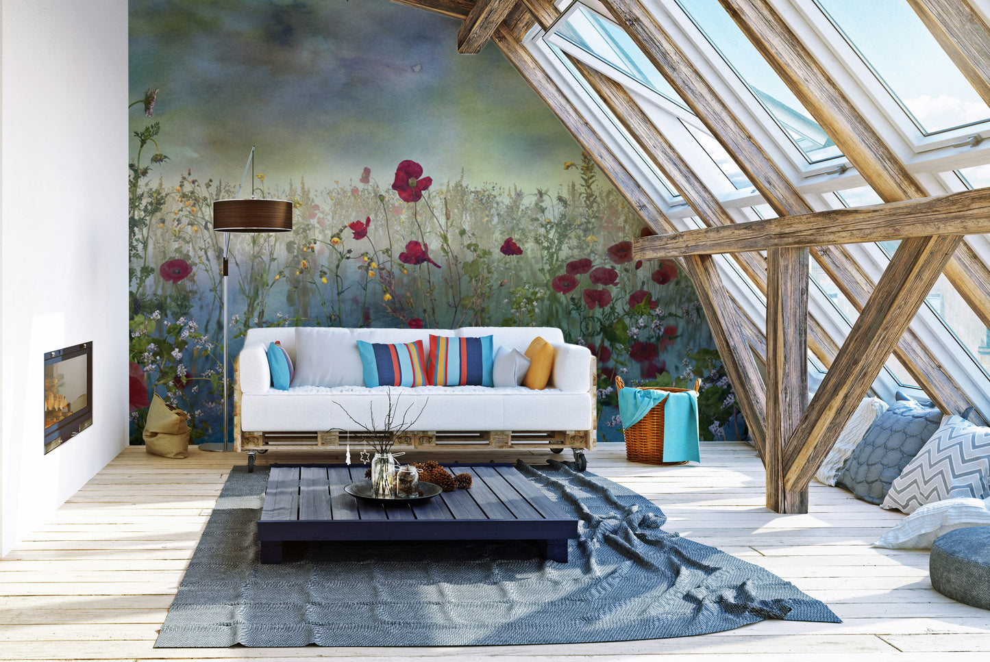 Refresh your space with poppy flower blue color mural wallpaper.