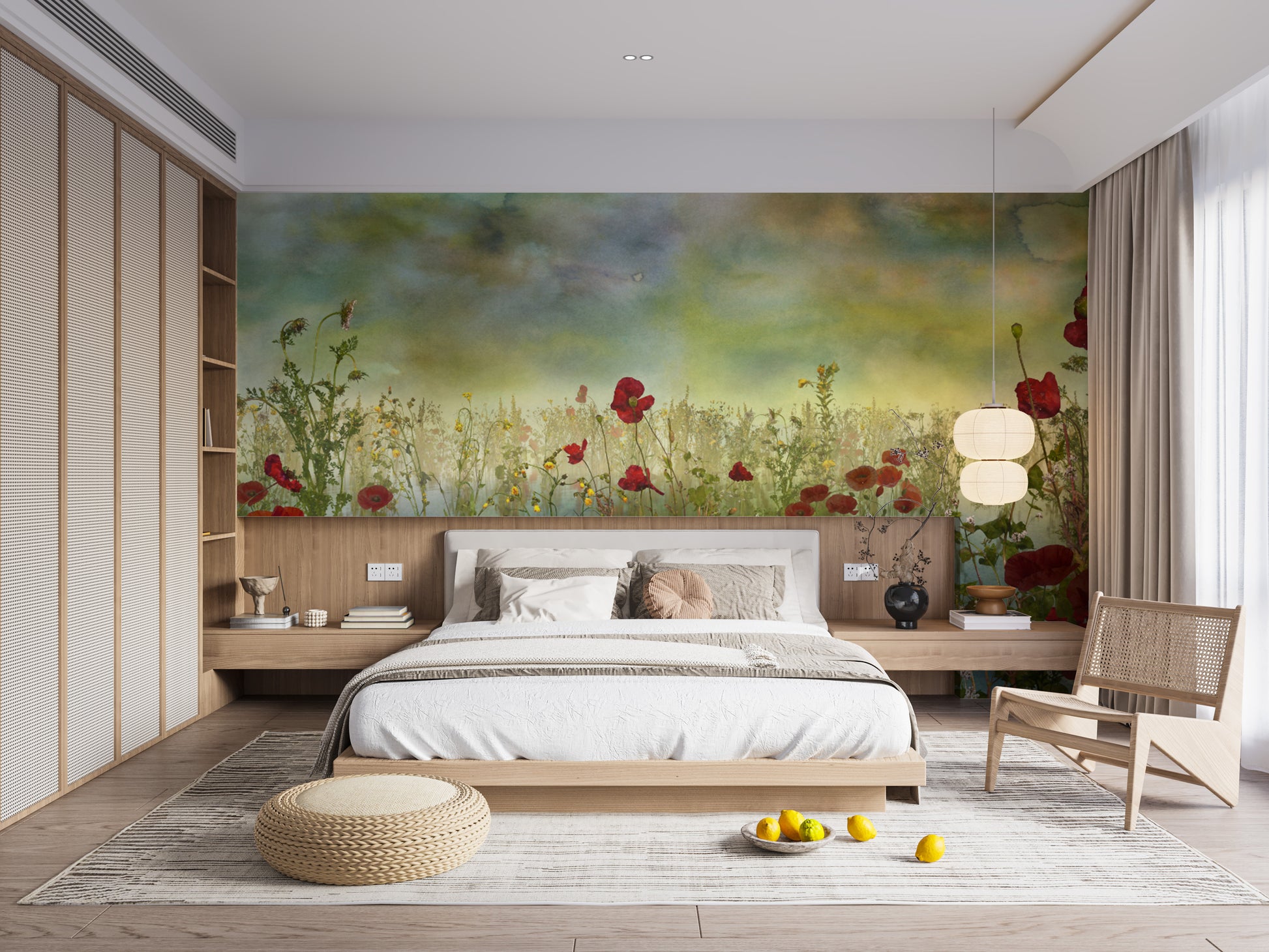 Poppy Flower Watercolor Green Wallpaper Murals - Giffywalls