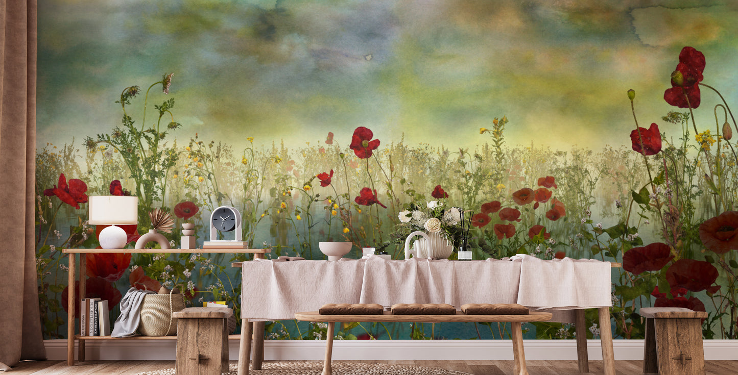 Poppy Flower Watercolor Green Wallpaper Murals - Giffywalls
