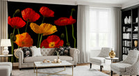 Statement floral wallpaper with multicoloured poppies arranged in a dramatic composition.