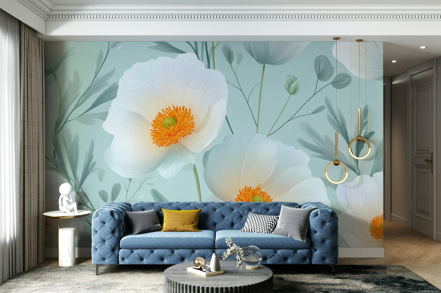 Features graceful poppy flowers in various stages of bloom.
