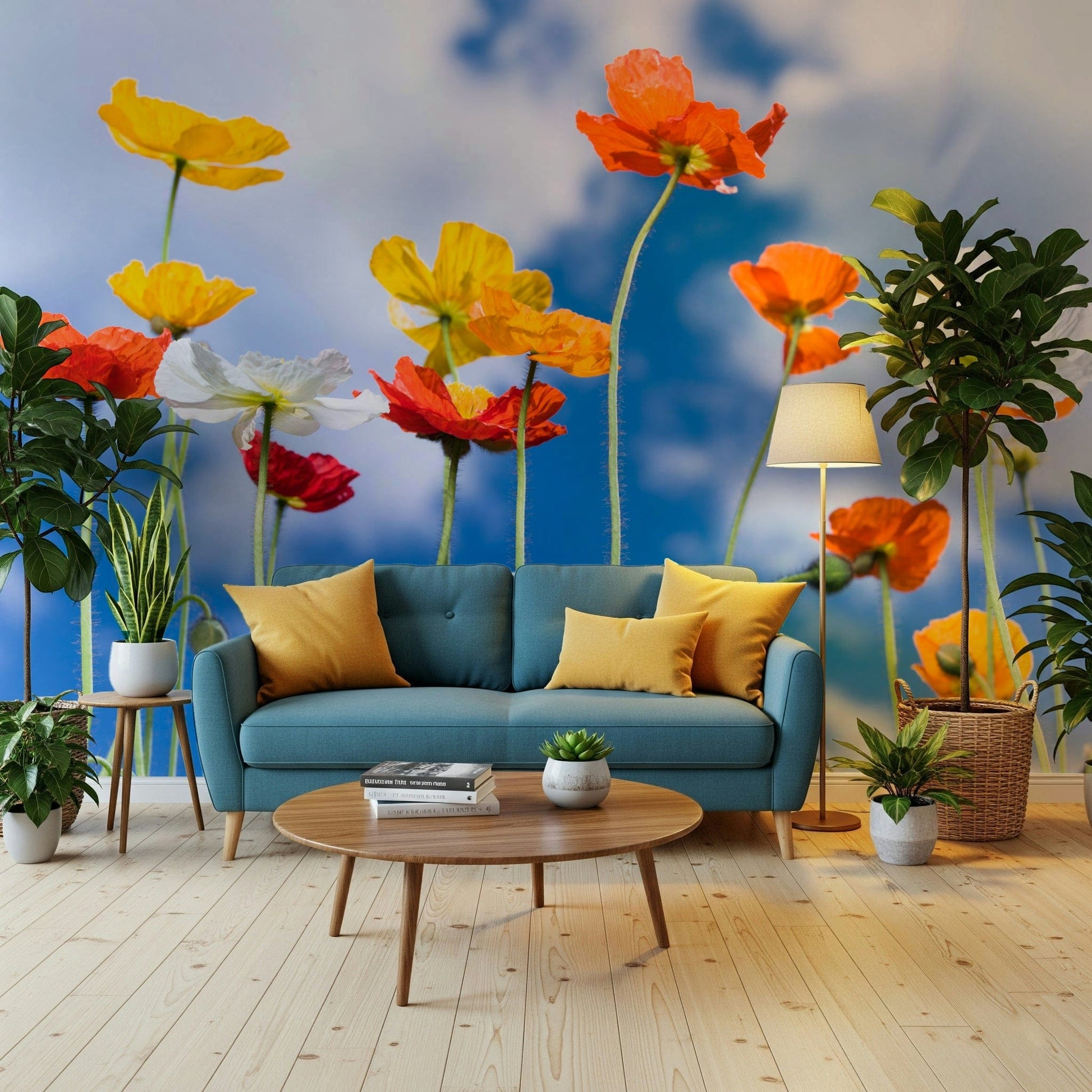 Blue Sky Bouquet spectacular wall covering with glowing orange poppies.