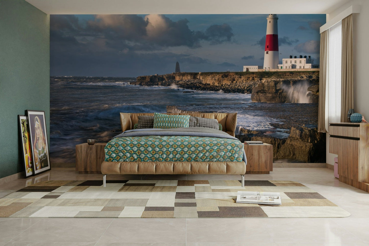 Coastal Portland Bill lighthouse mural bringing the seaside indoors.

