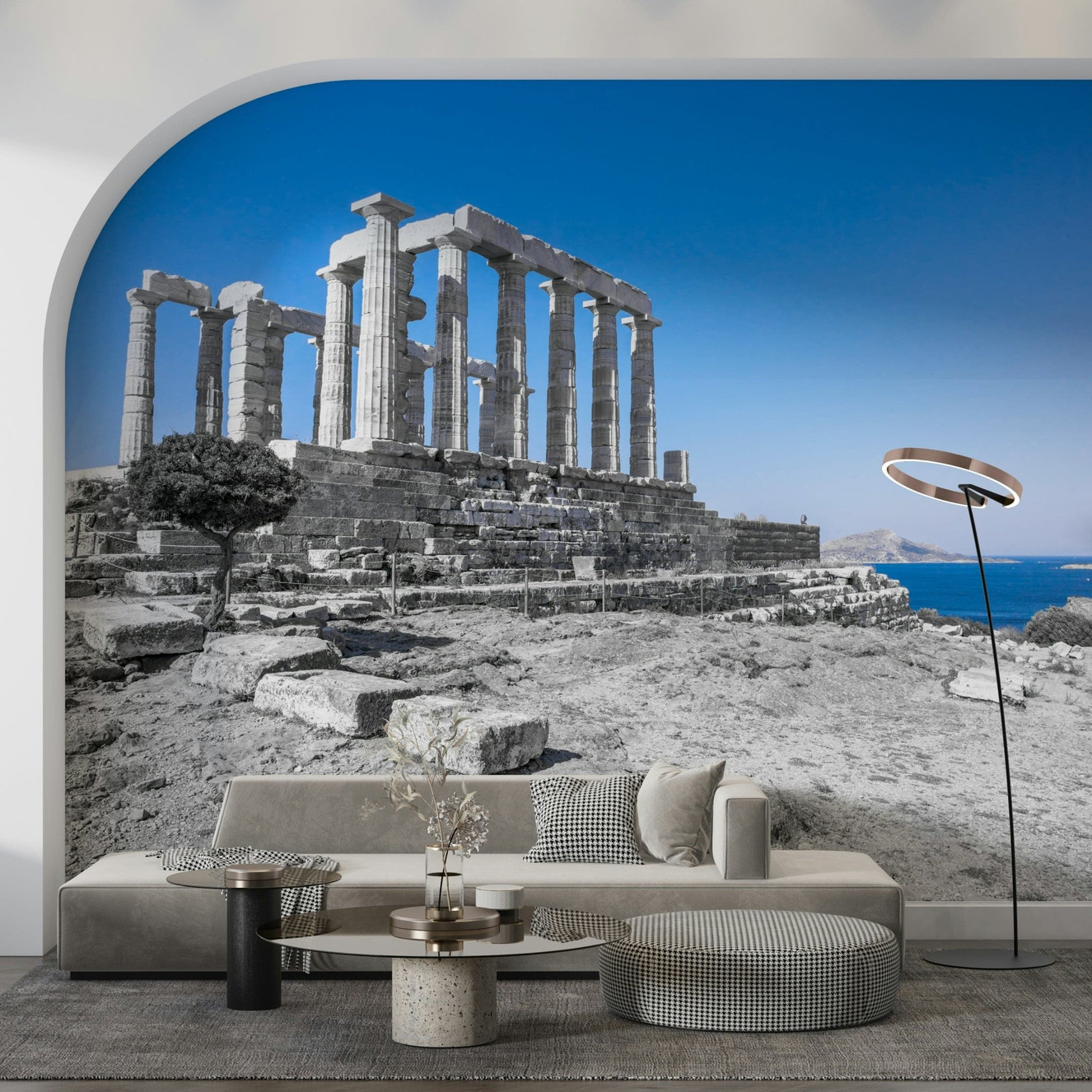 This wallpaper presents the ruins of the Poseidon Temple bathed in sunlight with a vivid coastal horizon.