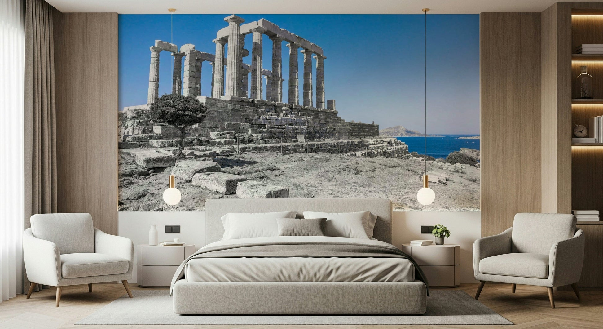 A historic wallpaper displaying the Temple of Poseidon perched on a cliff with sweeping ocean views.